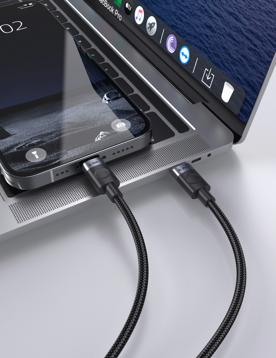 Textilní kabel iPEAX USB-C / LIGHTNING 1,5M, USB 2.0, černá