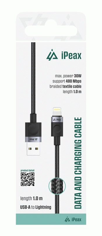 Textilní kabel iPEAX USB-A / LIGHTNING 1M, USB 2.0, černá