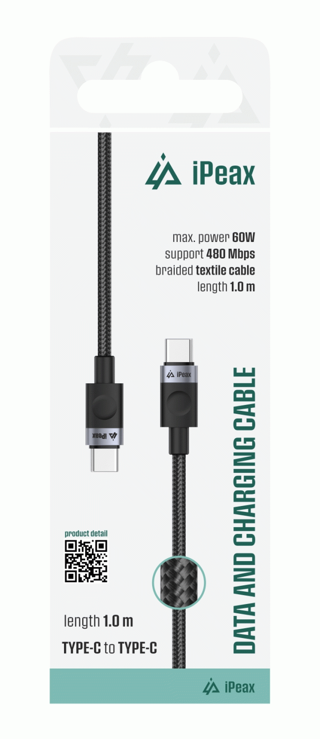 Textilní kabel iPEAX USB-C / USB-C 1M, USB 2.0, černá