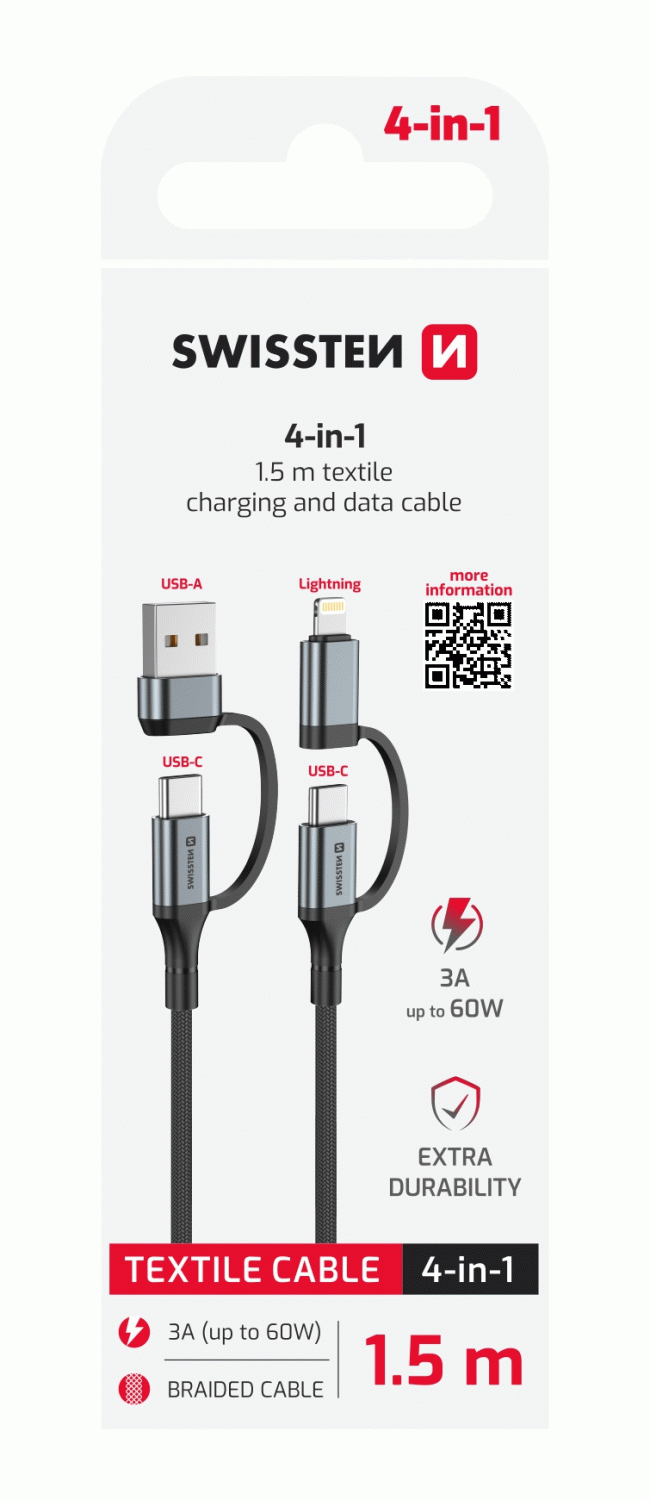 Textilní datový kabel Swissten 4in1, 3A 1,5 M, černá