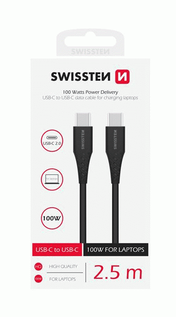 DATOVÝ KABEL SWISSTEN TPE USB-C/USB-C POWER DELIVERY 5A (100W) 2,5 M, černá