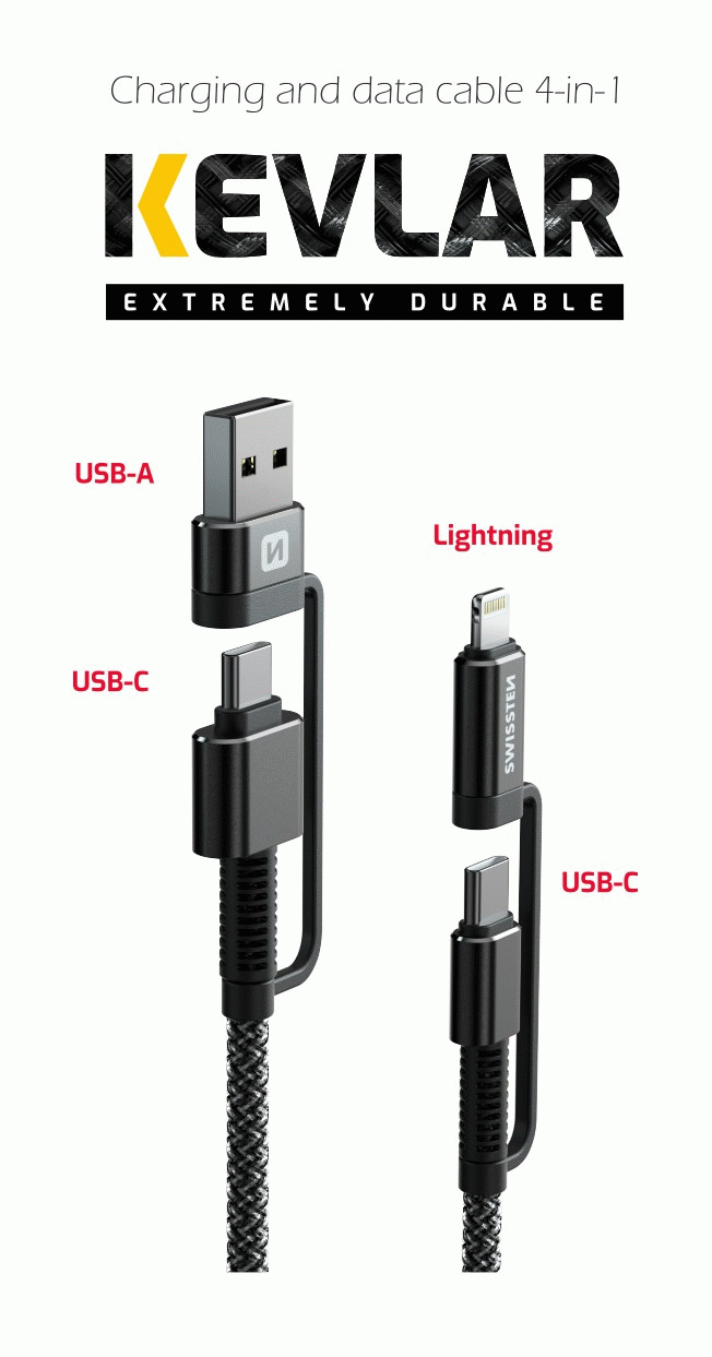 DATOVÝ KABEL SWISSTEN KEVLAR 4in1 3A 1,5 M, ANTRACIT