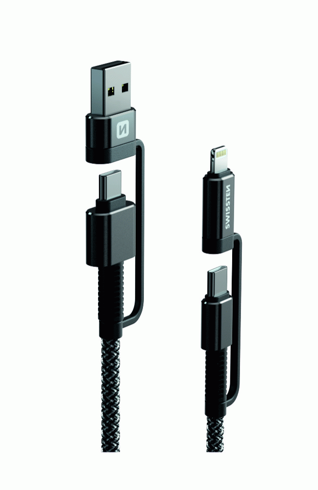DATOVÝ KABEL SWISSTEN KEVLAR 4in1 3A 1,5 M, ANTRACIT