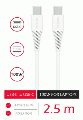 DATOVÝ KABEL SWISSTEN TPE USB-C/USB-C POWER DELIVERY 5A (100W) 2,5 M, BÍLÁ