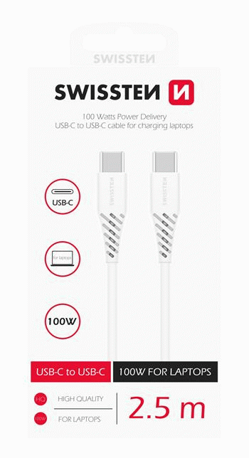 DATOVÝ KABEL SWISSTEN TPE USB-C/USB-C POWER DELIVERY 5A (100W) 2,5 M, BÍLÁ
