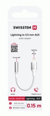 AUDIO ADAPTÉR SWISSTEN TEXTILE LIGHTNING / 3,5mm AUX 0,15 M, BÍLÁ