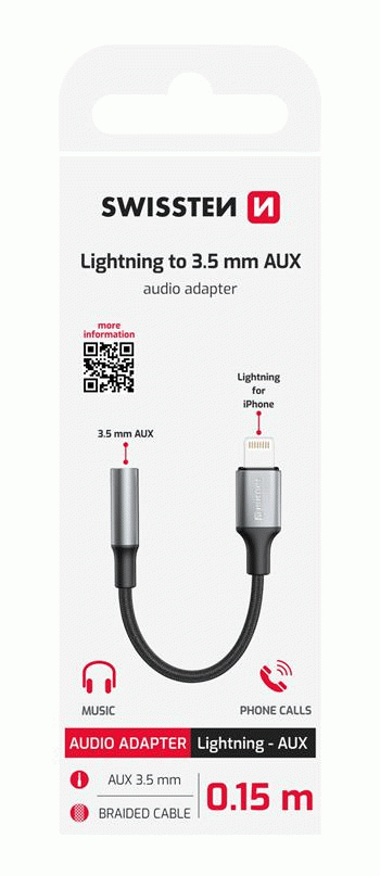 AUDIO ADAPTÉR SWISSTEN TEXTILE LIGHTNING / 3,5mm AUX 0,15 M, ČERNÁ
