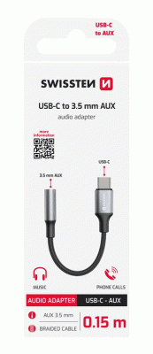 AUDIO ADAPTÉR SWISSTEN TEXTILE USB-C / 3,5mm AUX 0,15 M, ČERNÁ