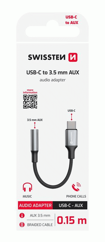 AUDIO ADAPTÉR SWISSTEN TEXTILE USB-C / 3,5mm AUX 0,15 M, ČERNÁ