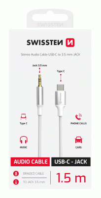 AUDIO ADAPTÉR SWISSTEN TEXTILE USB-C / 3,5 mm JACK, 1,5M, BÍLÁ