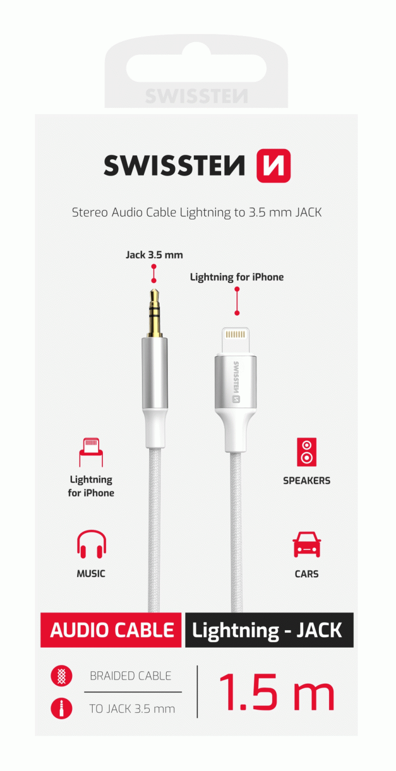 AUDIO ADAPTÉR SWISSTEN TEXTILE LIGHTNING / 3,5 mm JACK, 1,5 M, BÍLÁ