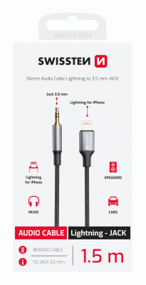 AUDIO ADAPTÉR SWISSTEN TEXTILE LIGHTNING / 3,5 mm JACK, 1,5 M, ČERNÁ