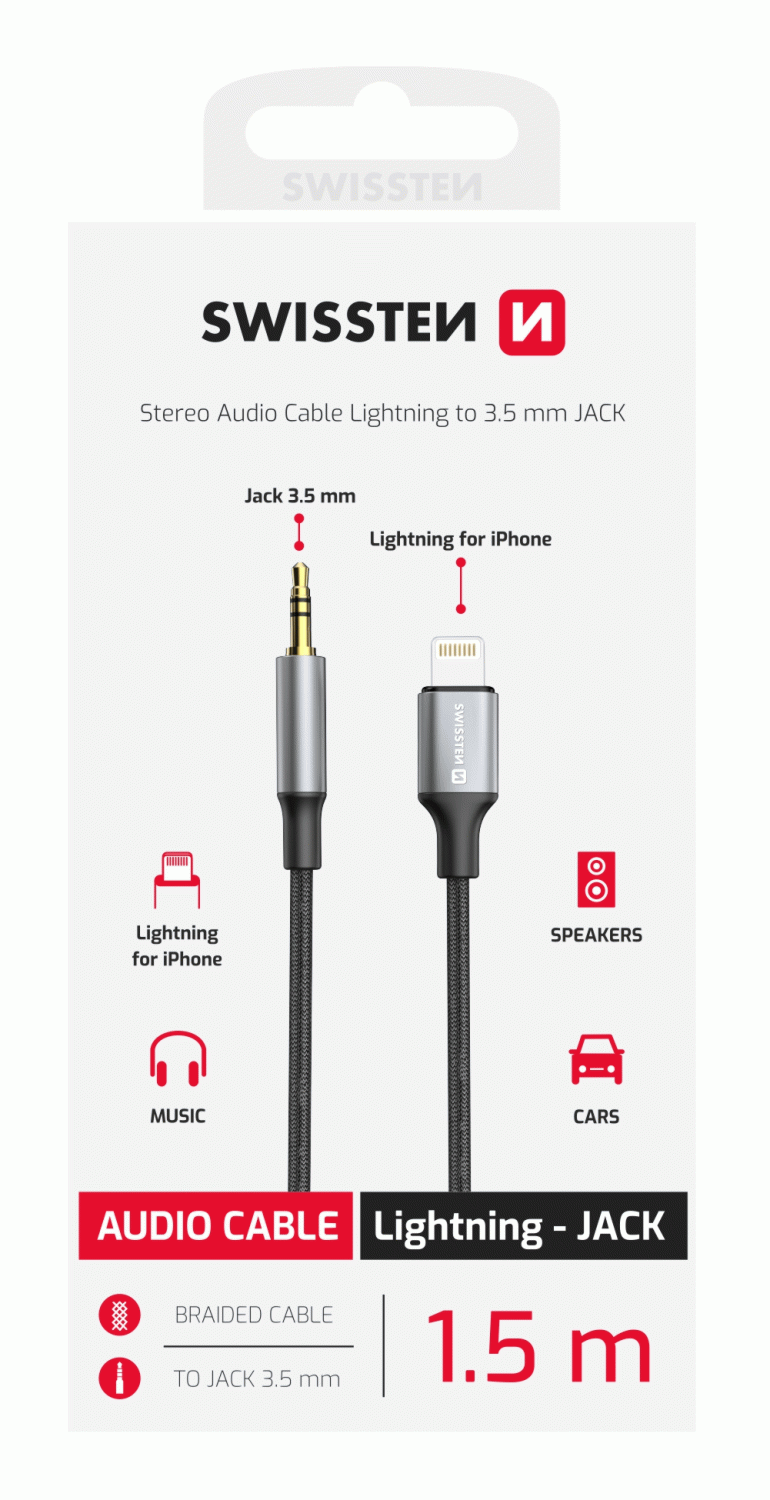 AUDIO ADAPTÉR SWISSTEN TEXTILE LIGHTNING / 3,5 mm JACK, 1,5 M, ČERNÁ