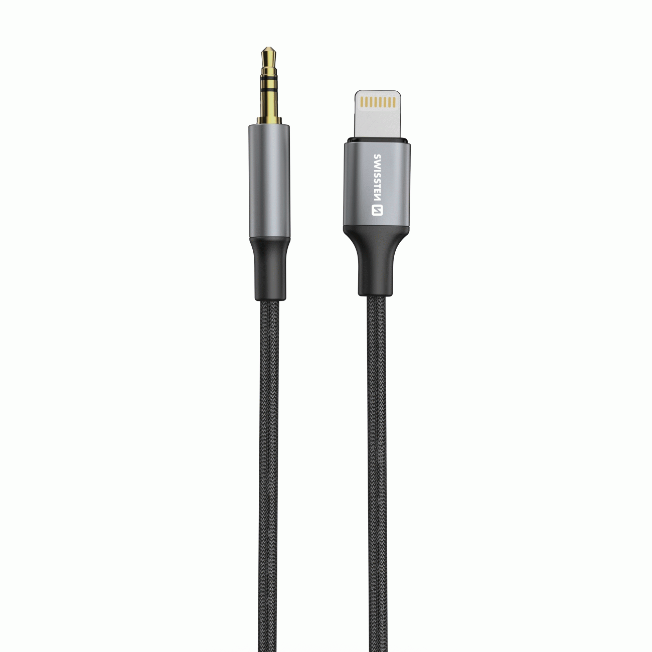 AUDIO ADAPTÉR SWISSTEN TEXTILE LIGHTNING / 3,5 mm JACK, 1,5 M, ČERNÁ
