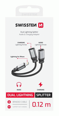 NABÍJECÍ AUDIO ADAPTÉR SWISSTEN TEXTILE LIGHTNING / 2x LIGHTNING, 0,12 M, ČERNÁ