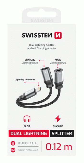 NABÍJECÍ AUDIO ADAPTÉR SWISSTEN TEXTILE LIGHTNING / 2x LIGHTNING, 0,12 M, ČERNÁ