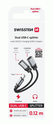 NABÍJECÍ AUDIO ADAPTÉR SWISSTEN TEXTILE USB-C / USB-C a 3,5mm AUX 0,12 M, ČERNÁ
