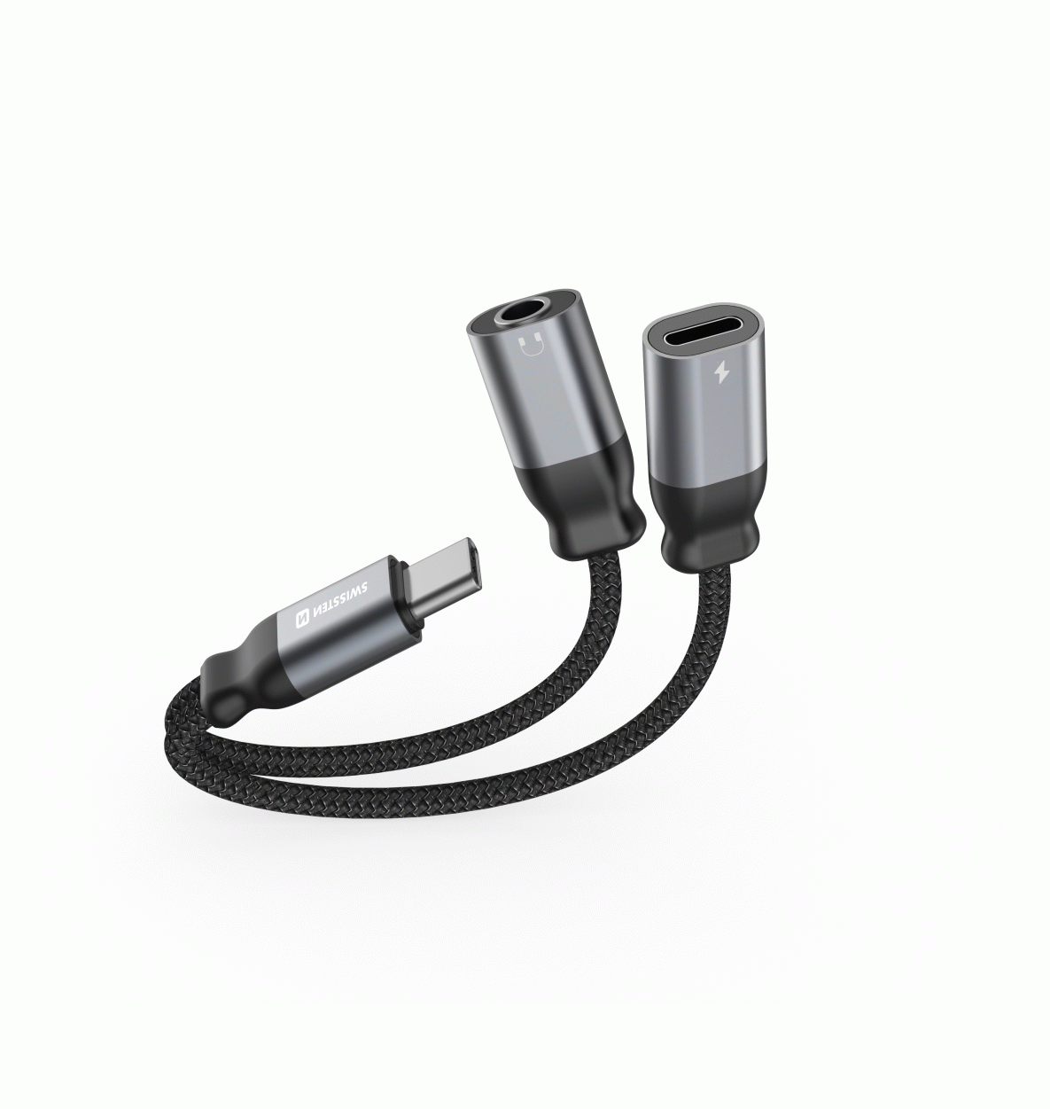 NABÍJECÍ AUDIO ADAPTÉR SWISSTEN TEXTILE USB-C / USB-C a 3,5mm AUX 0,12 M, ČERNÁ