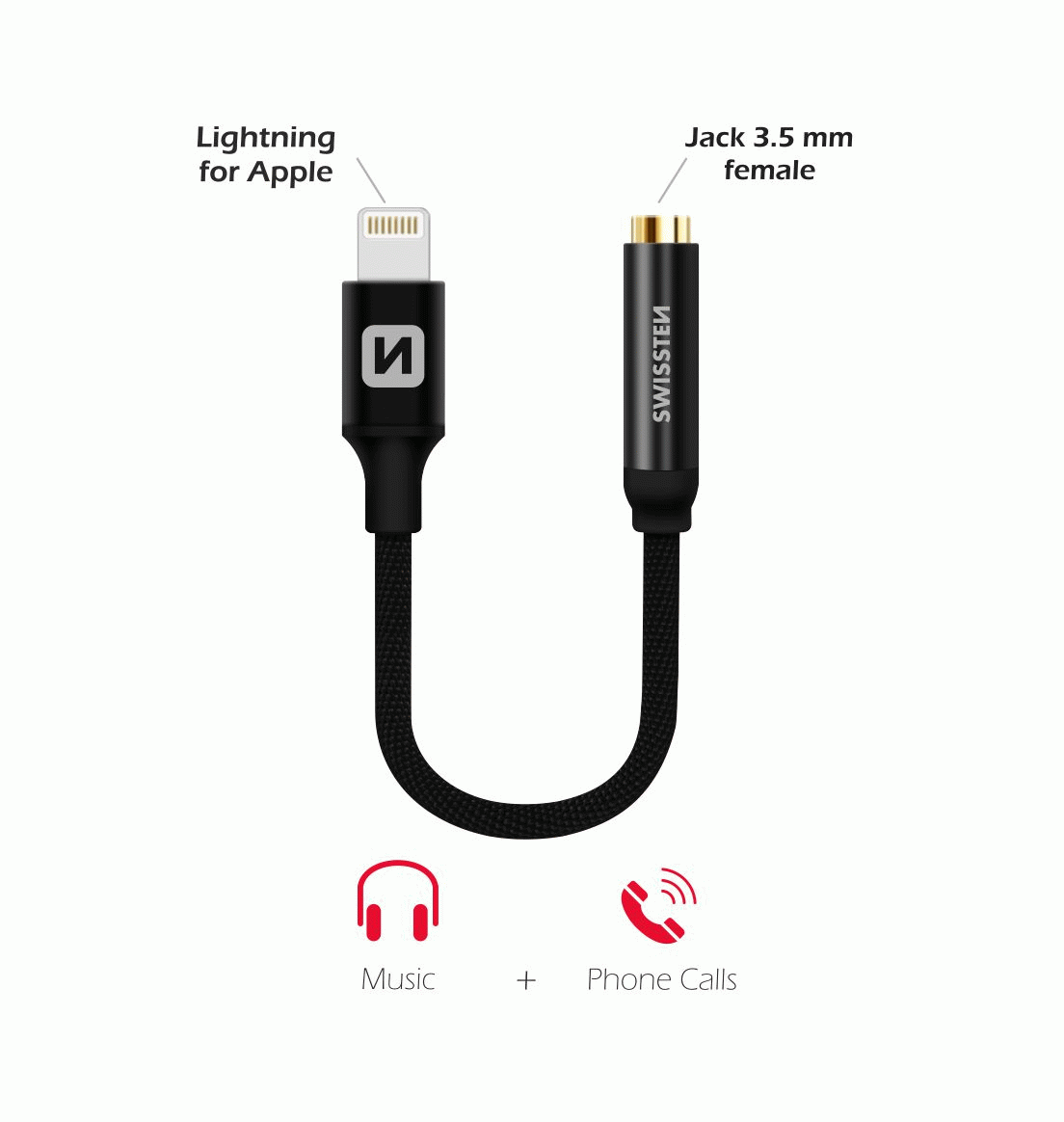 AUDIO ADAPTÉR SWISSTEN TEXTILE LIGHTNING /JACK, 0,15 M, ČERNÁ