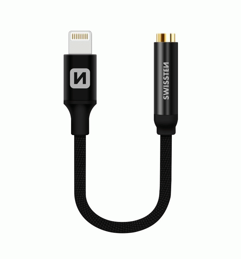 AUDIO ADAPTÉR SWISSTEN TEXTILE LIGHTNING /JACK, 0,15 M, ČERNÁ