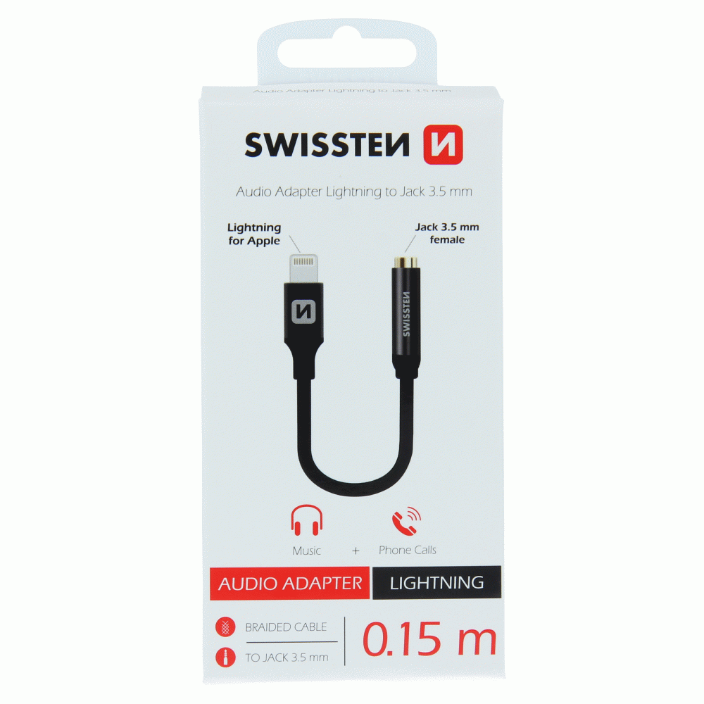 AUDIO ADAPTÉR SWISSTEN TEXTILE LIGHTNING /JACK, 0,15 M, ČERNÁ