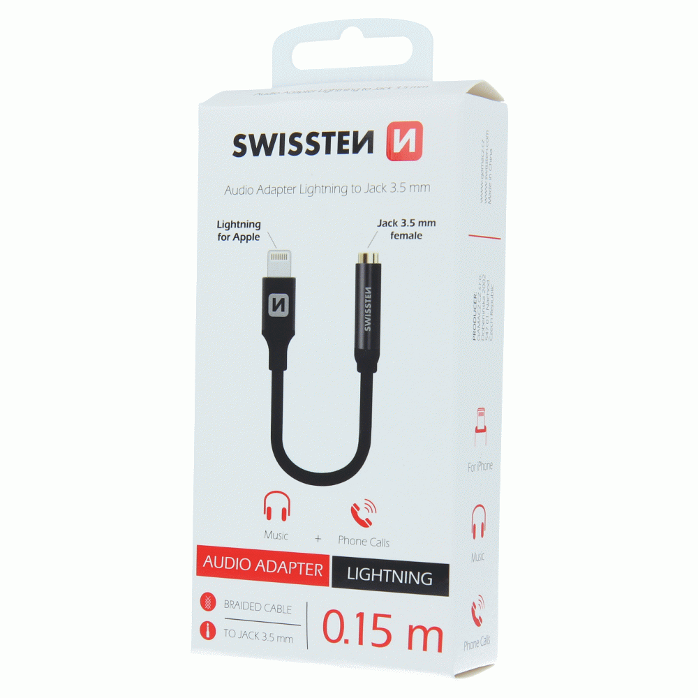 AUDIO ADAPTÉR SWISSTEN TEXTILE LIGHTNING /JACK, 0,15 M, ČERNÁ