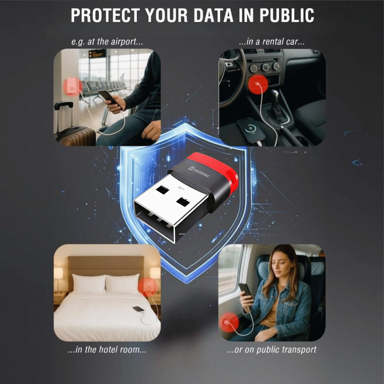NABÍJECÍ ADAPTÉR S BLOKACÍ DAT SWISSTEN DataGUARD USB-A / USB-C, ČERNÁ