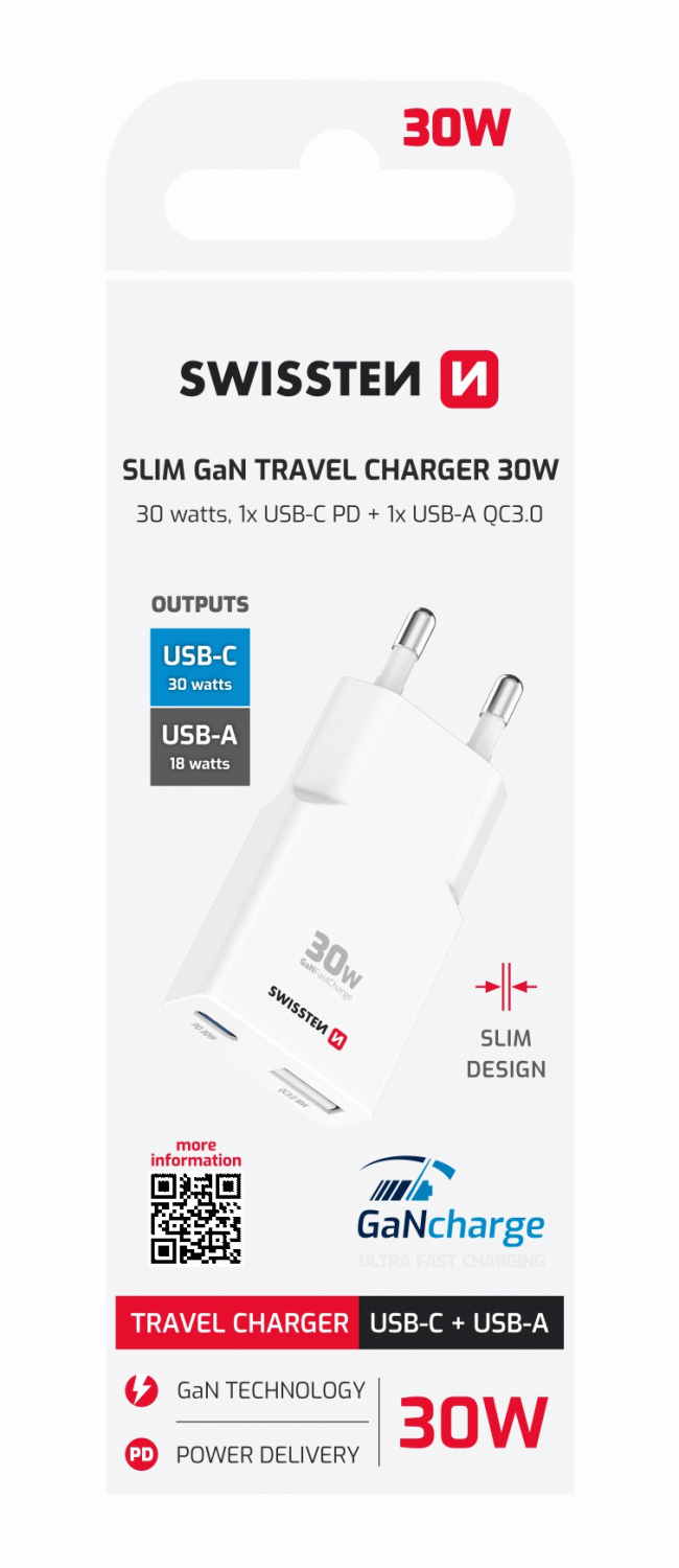 TENKÝ SÍŤOVÝ ADAPTÉR SWISSTEN GaN USB-C + USB-A 30W, BÍLÁ