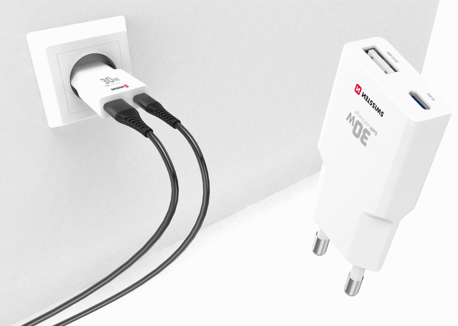 TENKÝ SÍŤOVÝ ADAPTÉR SWISSTEN GaN USB-C + USB-A 30W, BÍLÁ