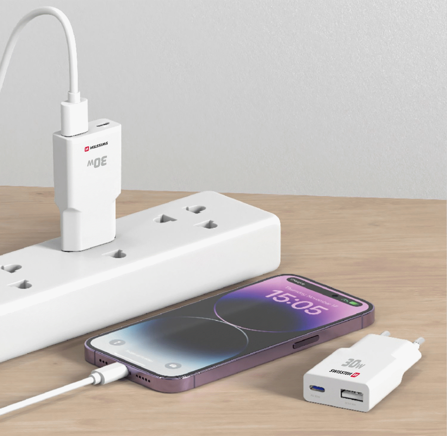 TENKÝ SÍŤOVÝ ADAPTÉR SWISSTEN GaN USB-C + USB-A 30W, BÍLÁ