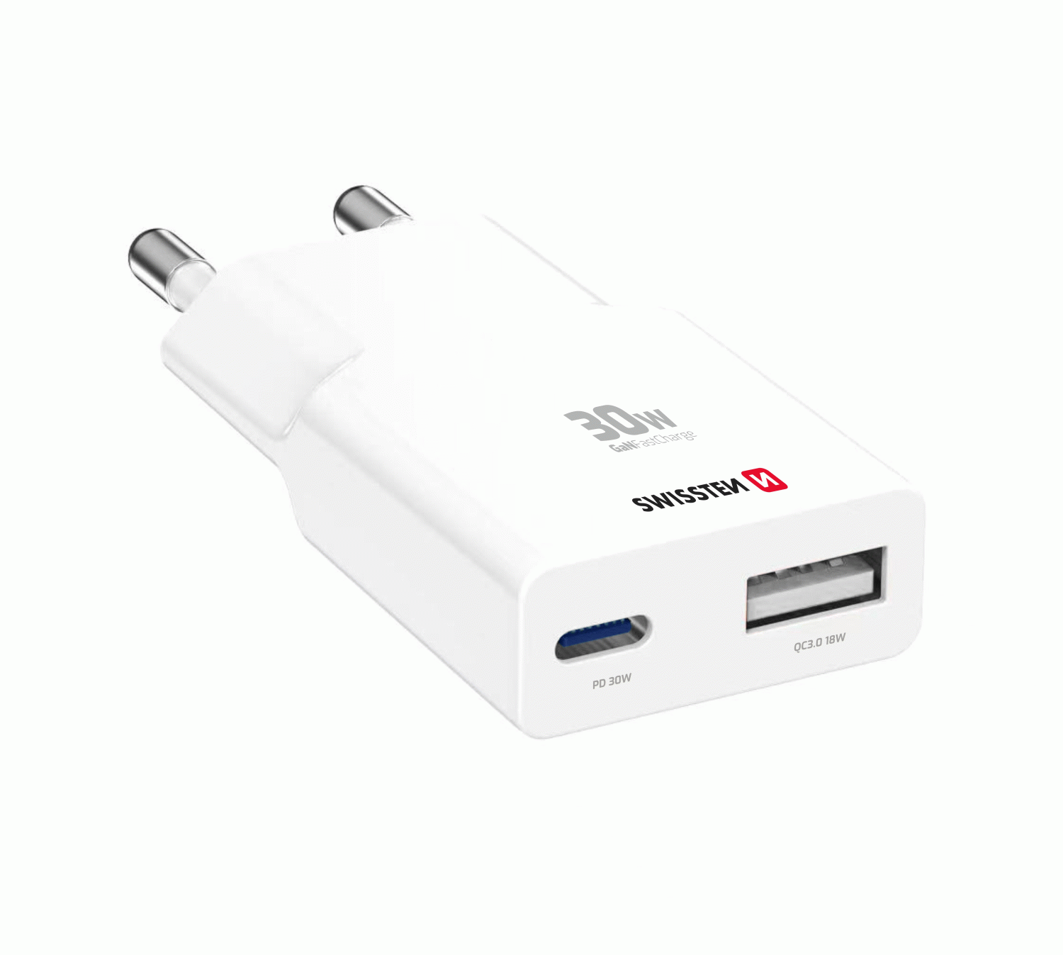TENKÝ SÍŤOVÝ ADAPTÉR SWISSTEN GaN USB-C + USB-A 30W, BÍLÁ