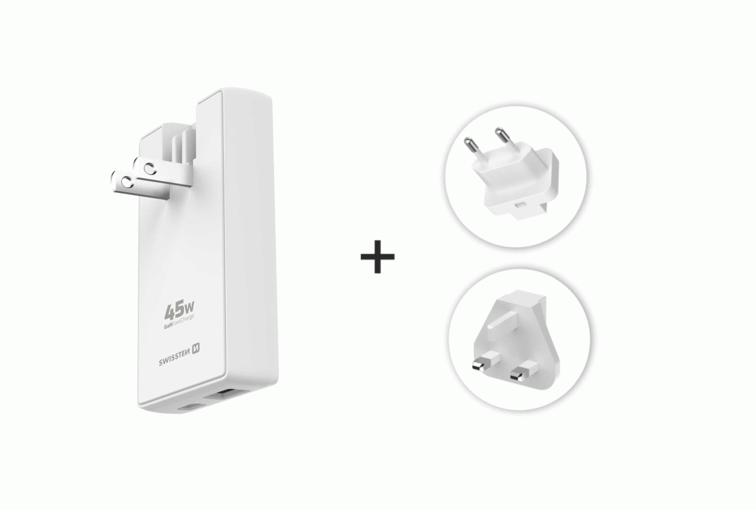 CESTOVNÍ ADAPTÉR SWISSTEN GaN USB-C + USB-A 45W VÝMĚNNÉ VIDLICE (US, EU, UK), BÍLÁ