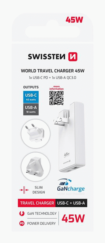CESTOVNÍ ADAPTÉR SWISSTEN GaN USB-C + USB-A 45W VÝMĚNNÉ VIDLICE (US, EU, UK), BÍLÁ