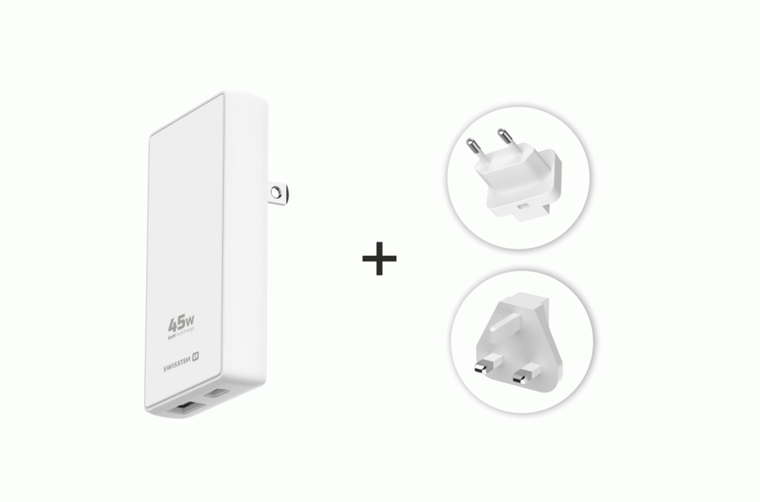 CESTOVNÍ ADAPTÉR SWISSTEN GaN USB-C + USB-A 45W VÝMĚNNÉ VIDLICE (US, EU, UK), BÍLÁ