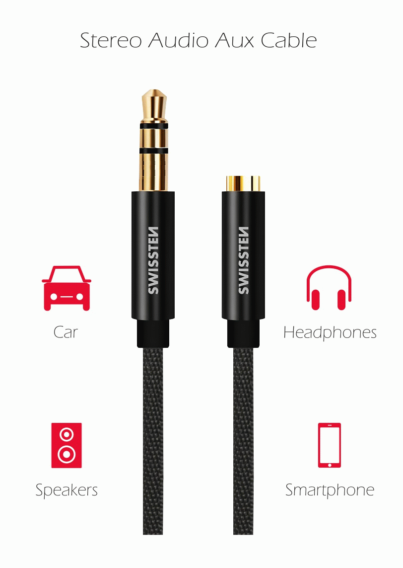 AUDIO KABEL SWISSTEN TEXTILE 3,5 mm JACK - 3,5 mm JACK, 1,5 M, ČERNÁ