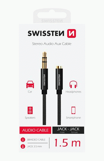 AUDIO KABEL SWISSTEN TEXTILE 3,5 mm JACK - 3,5 mm JACK, 1,5 M, ČERNÁ