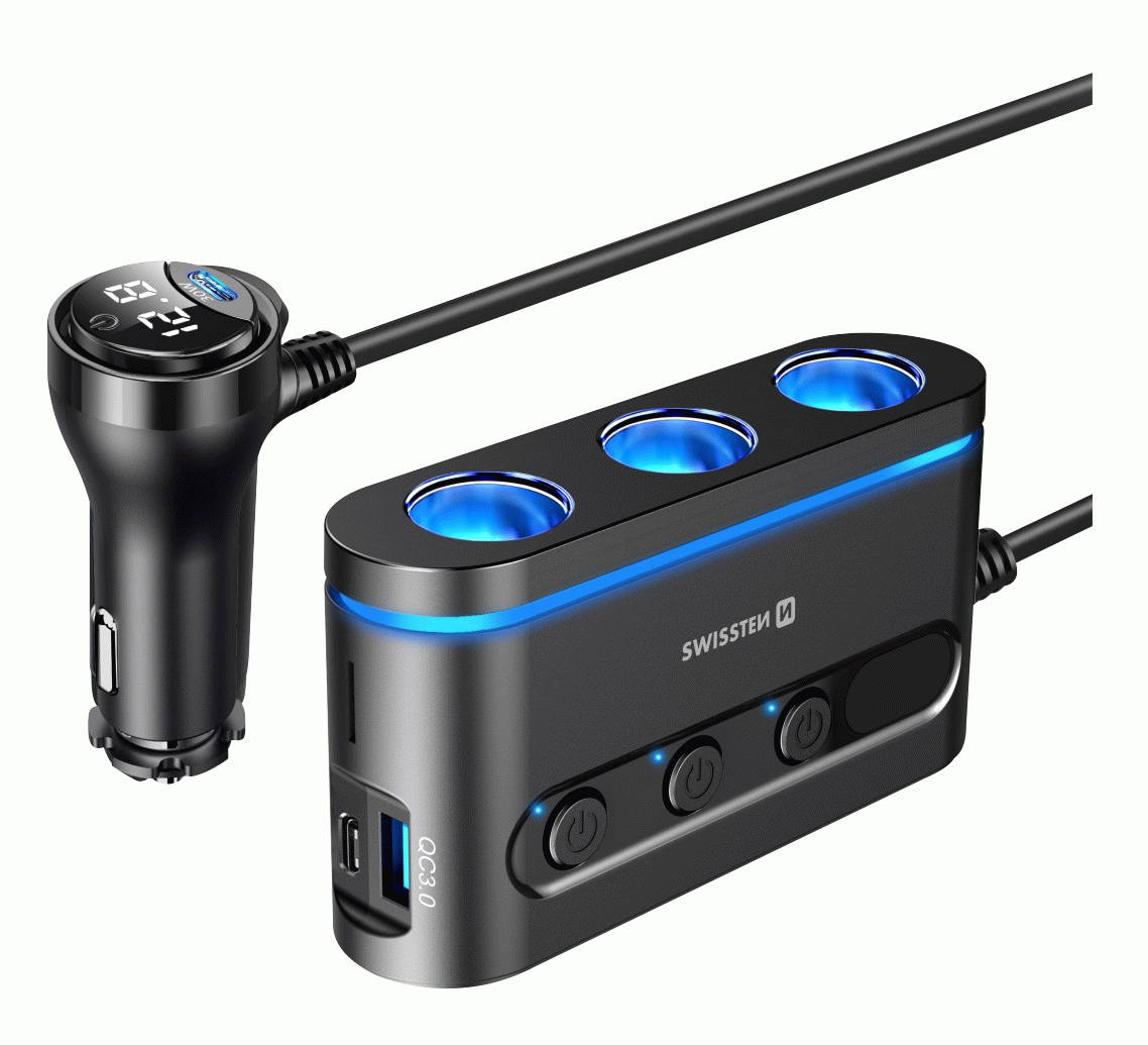 AUTOADAPTÉR SWISSTEN S VÝSTUPEM 3x CL, 2x UCB-C PD a 1x USB-A QA 3.0, 108W - 216W, ČERNÁ