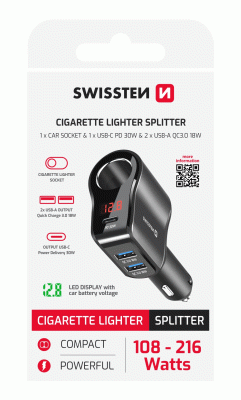 AUTOADAPTÉR SWISSTEN S VÝSTUPEM 1x CL, 1x UCB-C PD a 2x USB-A, 108W - 216W, ČERNÁ