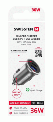 SWISSTEN CL ADAPTÉR POWER DELIVERY USB-C + QUICK CHARGE 3.0 36W METAL, STŘÍBRNÁ