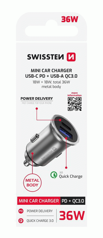 SWISSTEN CL ADAPTÉR POWER DELIVERY USB-C + QUICK CHARGE 3.0 36W METAL, STŘÍBRNÁ