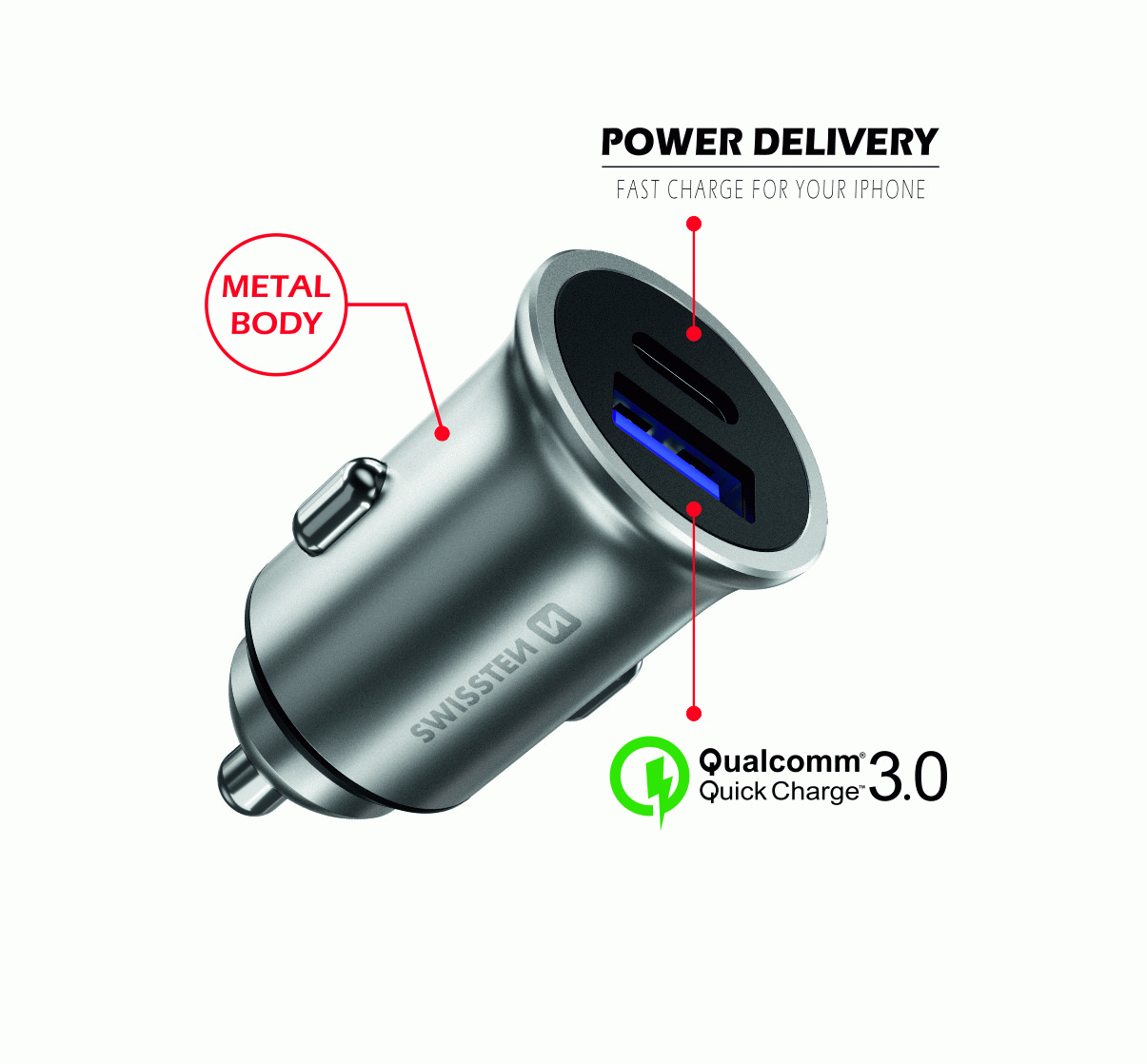 SWISSTEN CL ADAPTÉR POWER DELIVERY USB-C + QUICK CHARGE 3.0 36W METAL, STŘÍBRNÁ