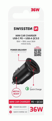 SWISSTEN CL ADAPTÉR POWER DELIVERY USB-C + QUICK CHARGE 3.0 36W METAL, ČERNÁ