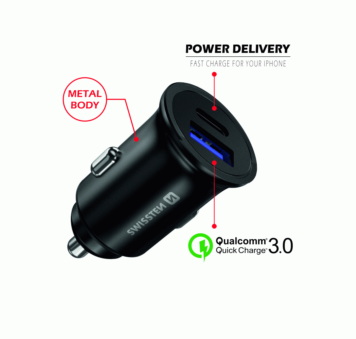 SWISSTEN CL ADAPTÉR POWER DELIVERY USB-C + QUICK CHARGE 3.0 36W METAL, ČERNÁ