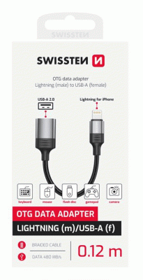 OTG ADAPTÉR SWISSTEN TEXTILE LIGHTNING / USB-A 0,12 M, ČERNÁ