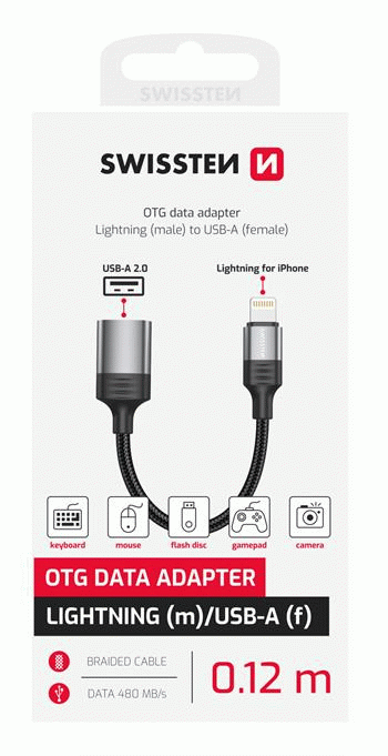 OTG ADAPTÉR SWISSTEN TEXTILE LIGHTNING / USB-A 0,12 M, ČERNÁ