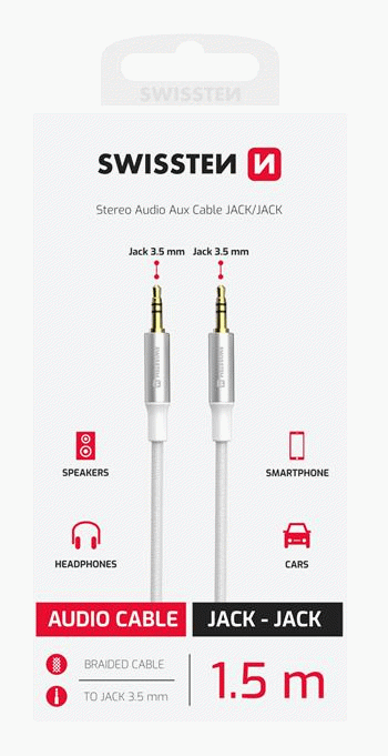 AUDIO KABEL SWISSTEN TEXTILE JACK / JACK, 1,5 M, BÍLÁ