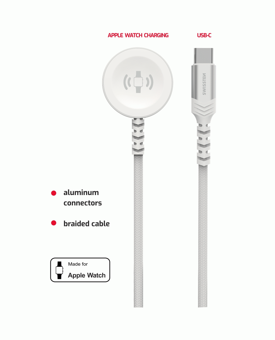 SWISSTEN OPLETENÝ MAGNETICKÝ KABEL PRO APPLE WATCH KOVOVÝ, USB-C 1.2 M, BÍLÁ
