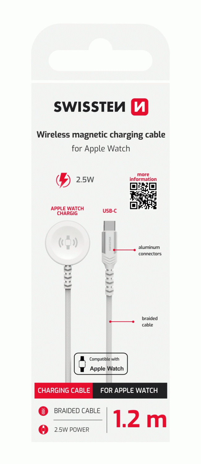 SWISSTEN OPLETENÝ MAGNETICKÝ KABEL PRO APPLE WATCH KOVOVÝ, USB-C 1.2 M, BÍLÁ