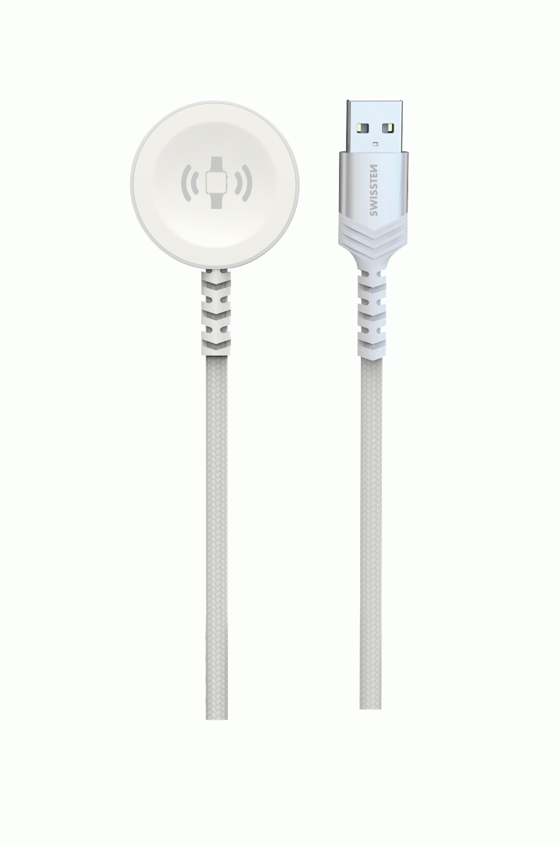 SWISSTEN OPLETENÝ MAGNETICKÝ KABEL PRO APPLE WATCH KOVOVÝ, USB-A 1.2 M, BÍLÁ
