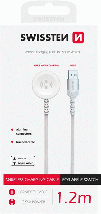 SWISSTEN OPLETENÝ MAGNETICKÝ KABEL PRO APPLE WATCH KOVOVÝ, USB-A 1.2 M, BÍLÁ